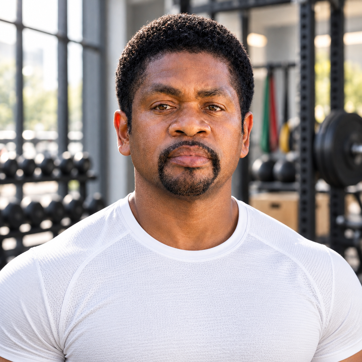 Bill Faulkner wearing a professional white athletic top in a modern fitness training space